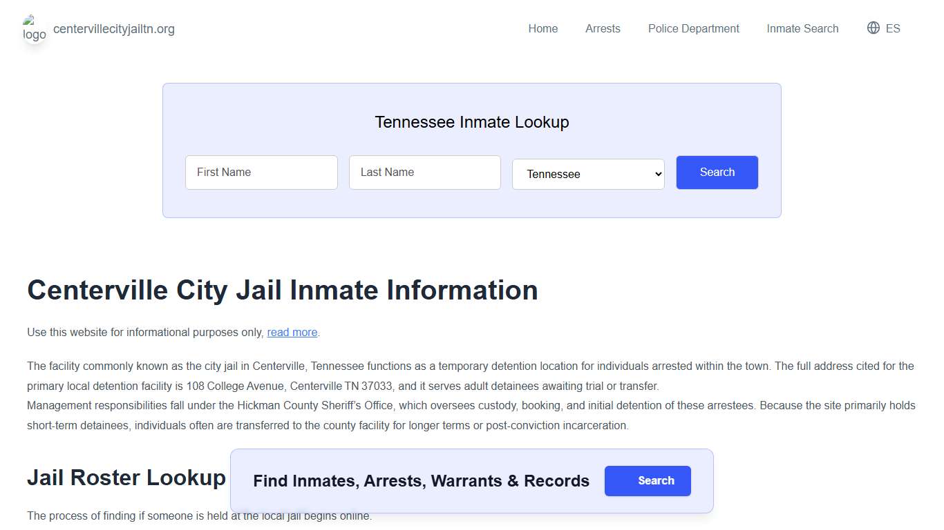 Centerville Jail, TN Inmate Roster, Municipal Jail Info